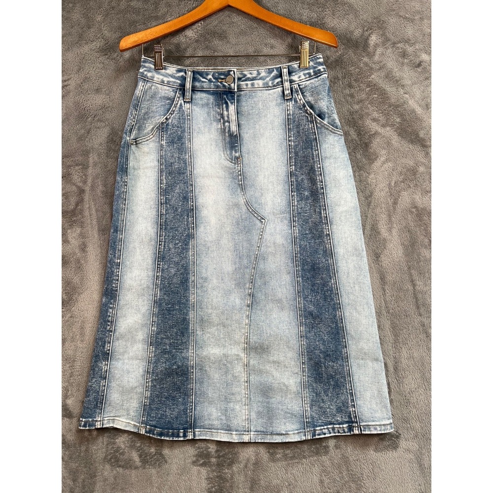 WASH LAB Denim Patchwork Midi Skirt 28 (29x30) Pieced Stretchy Distressed